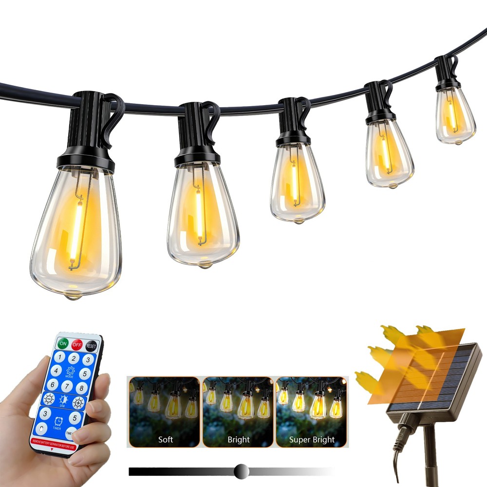 60FT Solar String Lights Waterproof 3 Mode w Remote USB & 16 ST38 Bulbs Camping