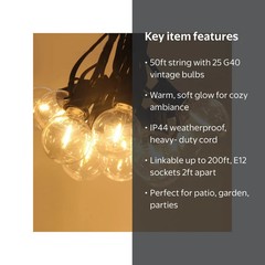 DAYBETTER 50ft Outdoor String Lights with 25 G40 Vintage Bulbs – Waterproof