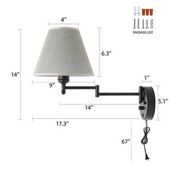 PULLCU Swing Arm Wall Lamp.Wall Mount Lamp Dimmable Switch.Plug In Wall Sconces