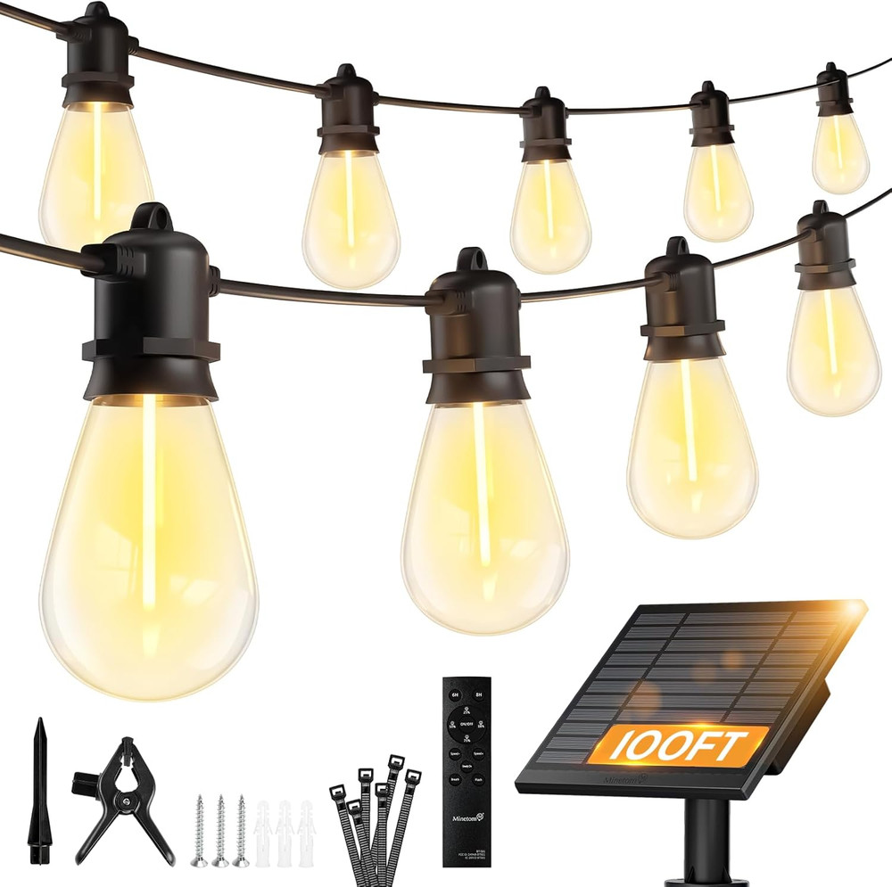 100FT Solar-String-Lights-Outdoor-Waterproof, 31+2LED S14 Shatterproof Bulb, Pat