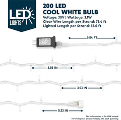 66ft White Christmas String Lights, 200 LEDs Clear Wire, 8 Modes, Connectable UL