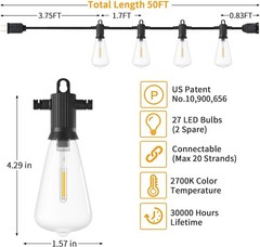 ZOTOYI Outdoor String Lights 50 FT, Patio Bulbs with 27 LED Plastic Edison ST…