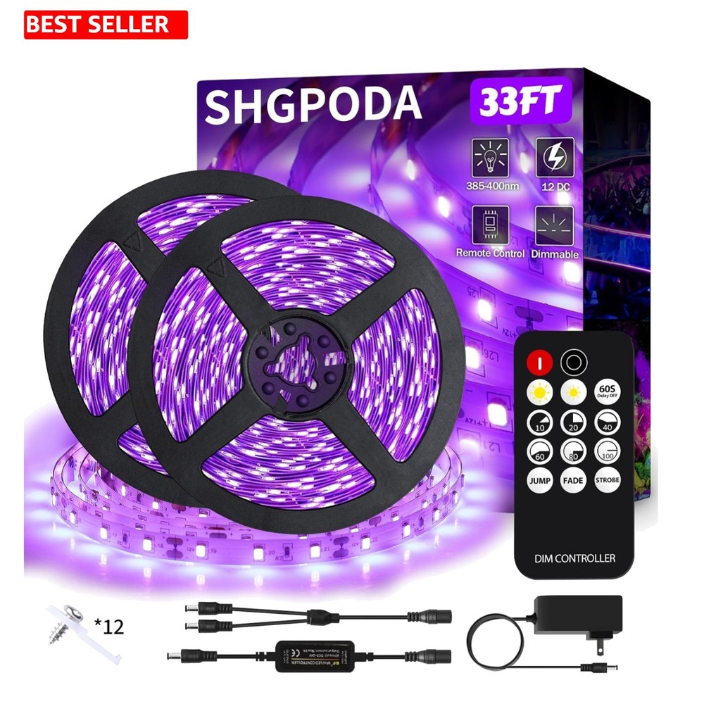 33FT Dimmable Black Light Strip with Remote – Perfect for Parties & Halloween