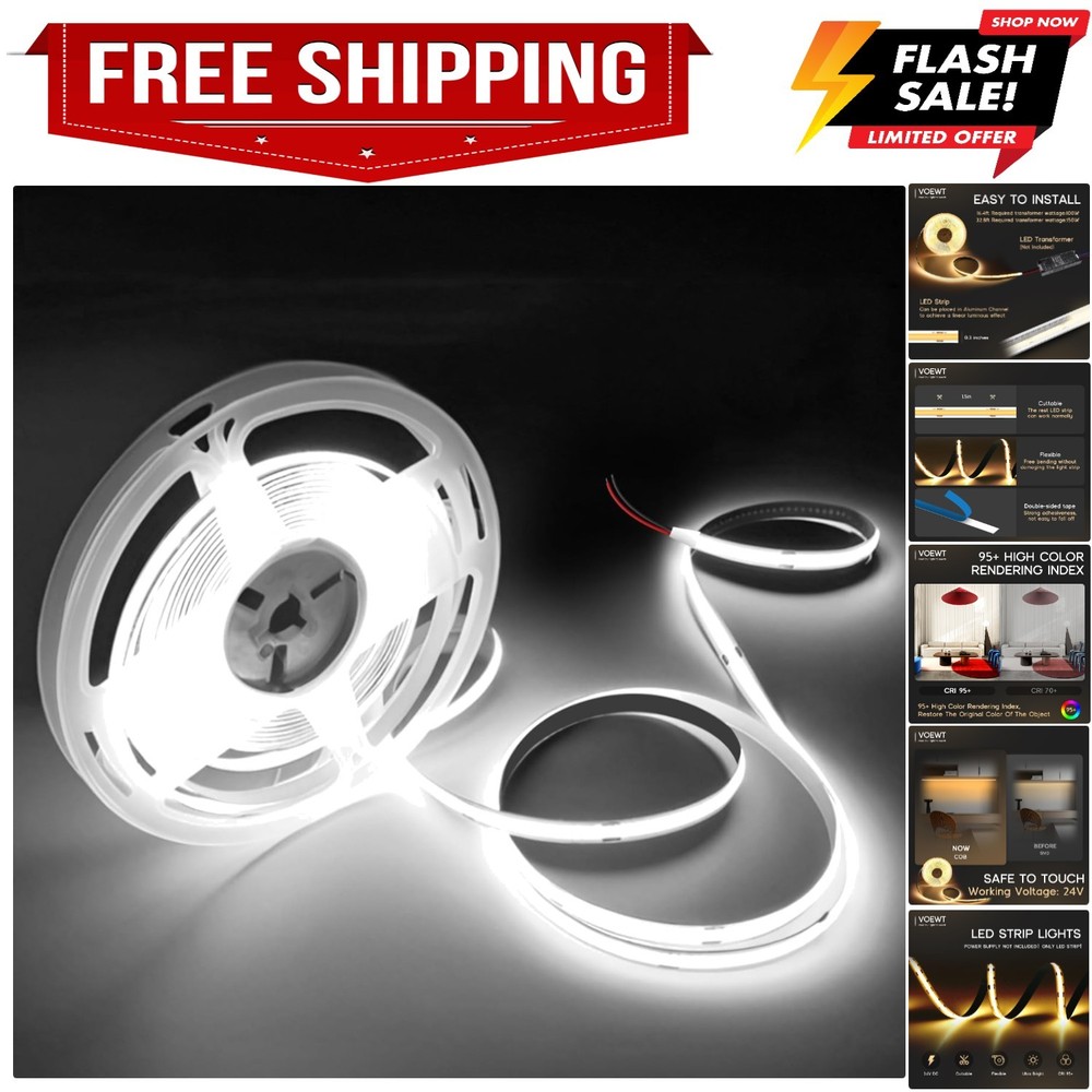 COB LED Strip Lights Daylight White 6000K,16.4ft 24V High CRI 95Ra+ Super Bri…