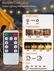 25Ft Solar String Lights Outdoor Waterproof with Remote Dimmable 3 Modes Patio