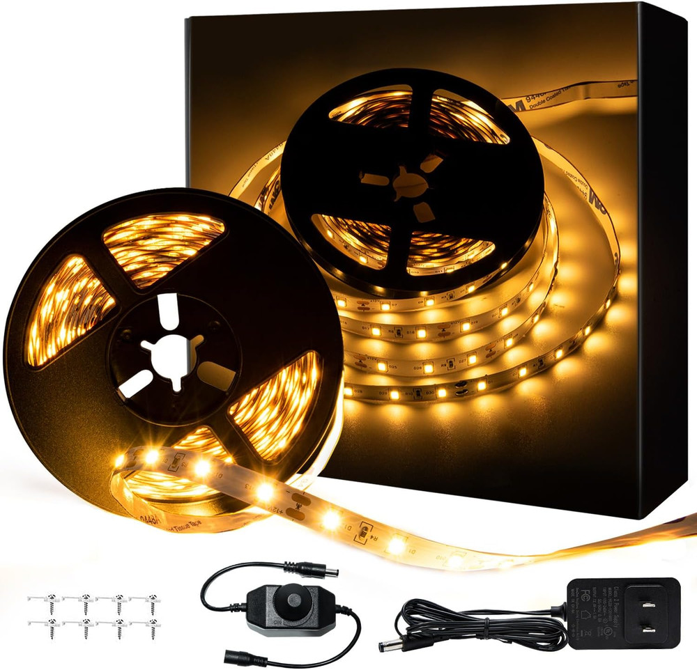 10Ft Warm White LED Strip Lights, Dimmable Tape Lighting with Remote & Adhesive