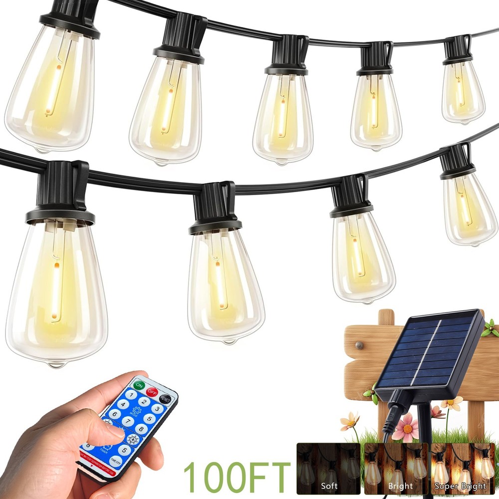 100FT Solar String Lights Outdoor Waterproof Patio w Remote Control 32 ST38 Bulb