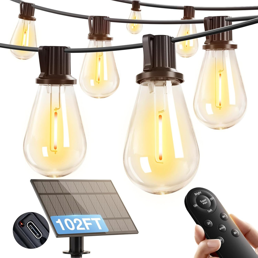 102FT(96FT+6) Solar String Lights Outdoor Waterproof with USB Port & Remote Cont