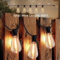 60FT Solar String Lights Waterproof 3 Mode w Remote USB & 16 ST38 Bulbs Camping