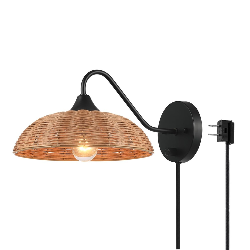 Globe Electric Plug-in Or Hardwire Wall Sconce, Matte Black, Paper Twine Shade