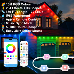 150FT Permanent Outdoor RGB & White Eave Lights 72 LEDs with APP Control IP65