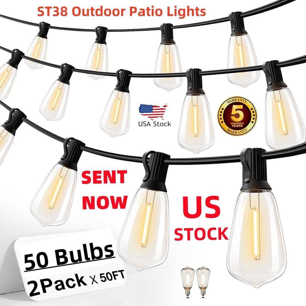 100Ft LED String Lights with 50pcs Shatterproof Bulbs for Outdoor Patio, Garden