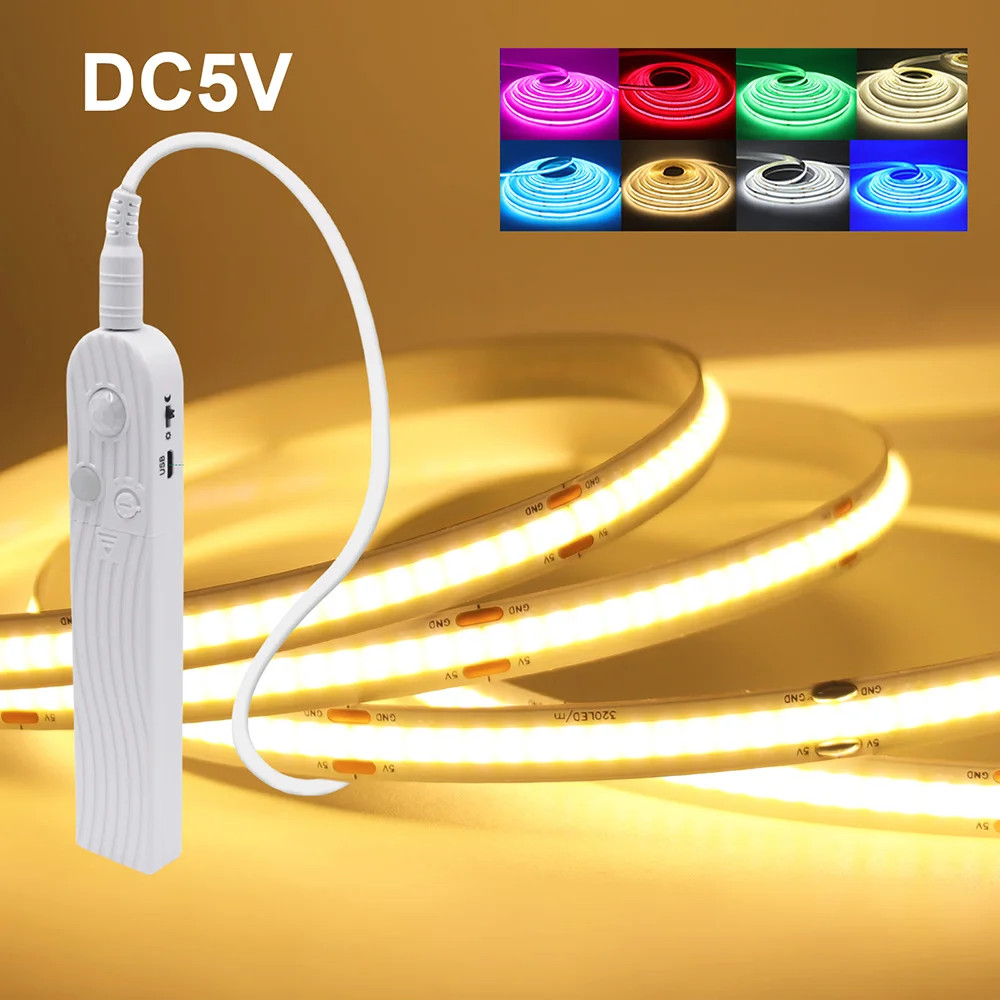 Motion Sensor COB Led Strip Light 5V DC Battery Powered Warm White Blue Red Pink