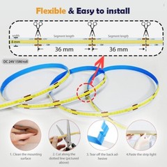 ETL Listed 50ft/15m 60W COB LED Strip Light 6500K White with Power supply
