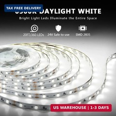 dalattin White LED Strip Lights, 20ft Dimmable Super Bright 24V Led Tape Light 6
