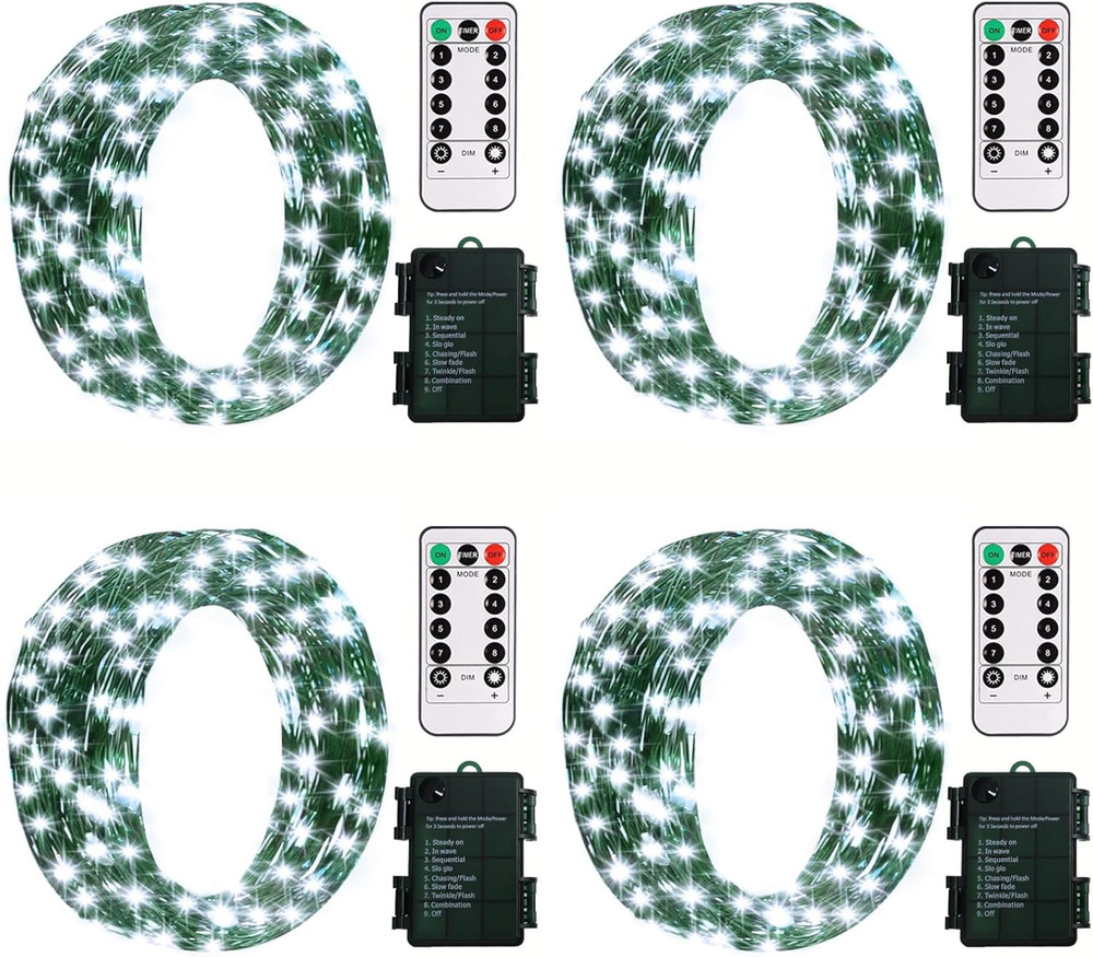 4-Pack 16.5Ft 50LED Battery Fairy Lights Cool White Remote Timer Outdoor