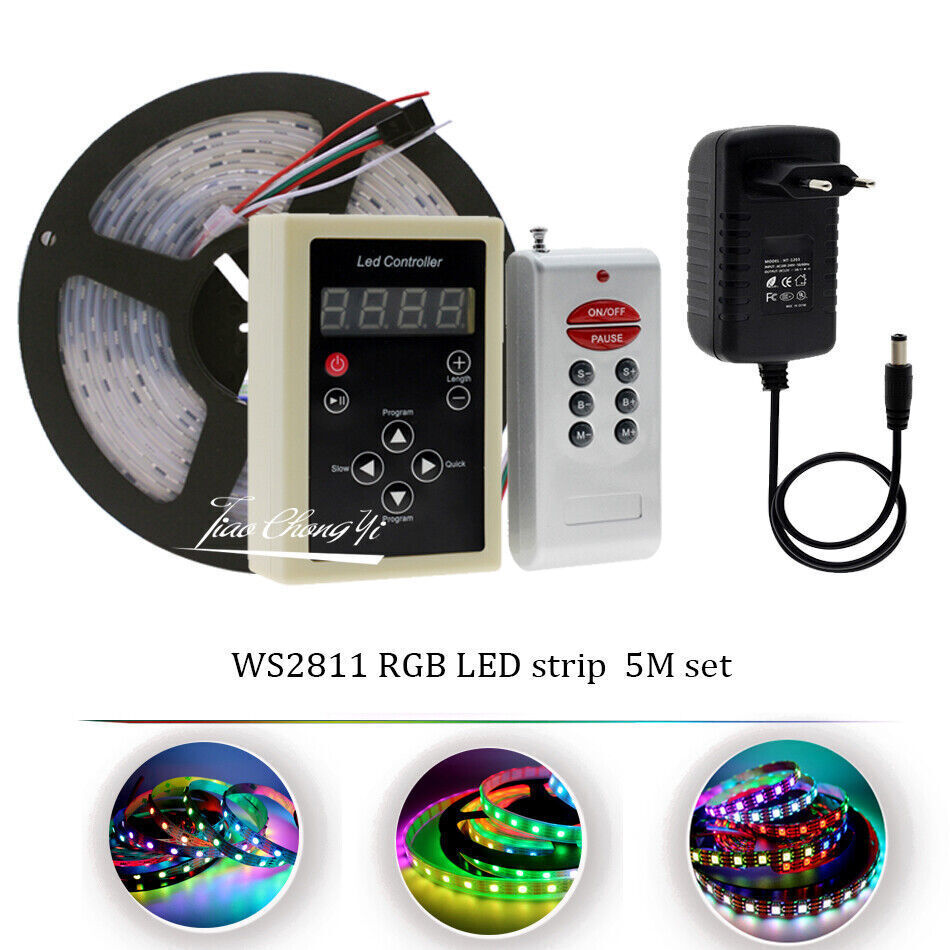 WS2811 12V RGB full color 5050 LED Strip Light +RF controller + LED Power kit