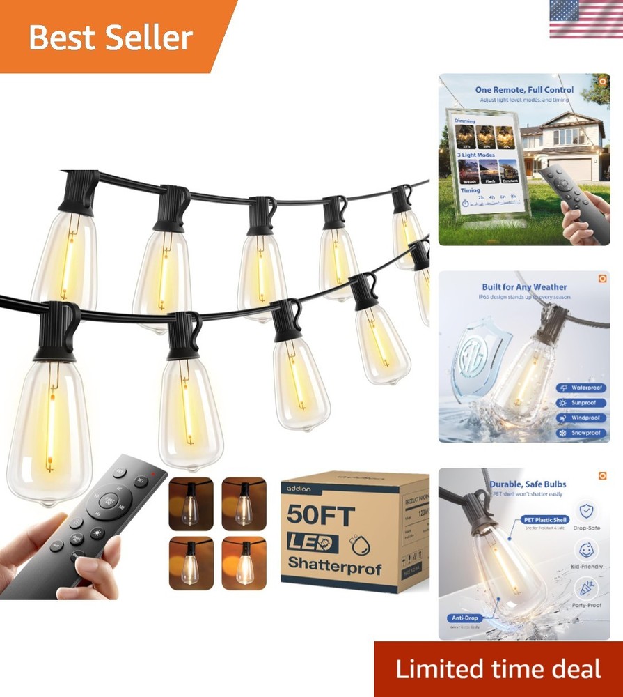 50FT Outdoor String Lights ST38 LED with Remote Waterproof Dimmable