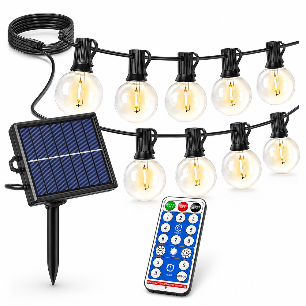 Solar String Lights 25 ft G40 Outdoor Patio Garden Christmas Warm White Remote