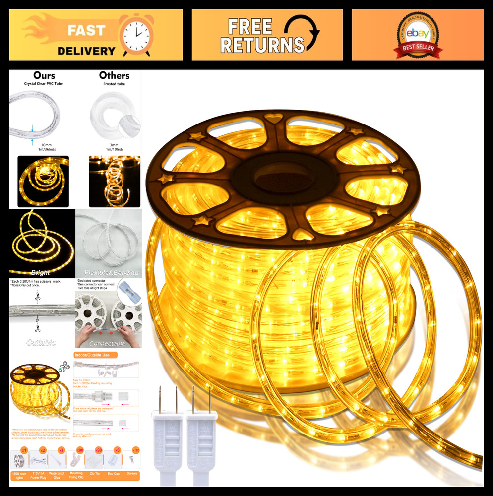 150FT Waterproof LED Rope Lights – Flexible 110V Warm White String Light for Ind