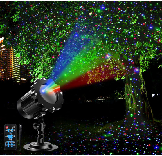 Proyector láser RGB exterior IP65 con efectos de cielo estrellado y luciérnagas.