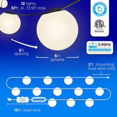 Vibe Sphere 57Ft Outdoor String Lights, 12 RGBWIC Bulbs, Smart App Compatible