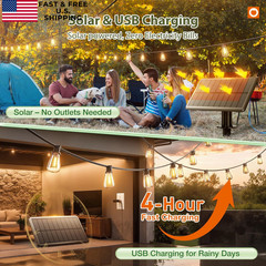 addlon 52(48+4) FT Solar String Lights 48+6FT(15 Sockets)(1 Pack), Black