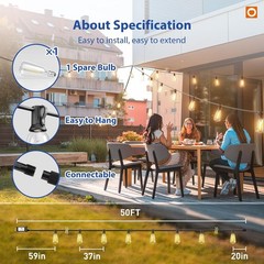 50FT Outdoor String Lights ST38 LED with Remote Waterproof Dimmable