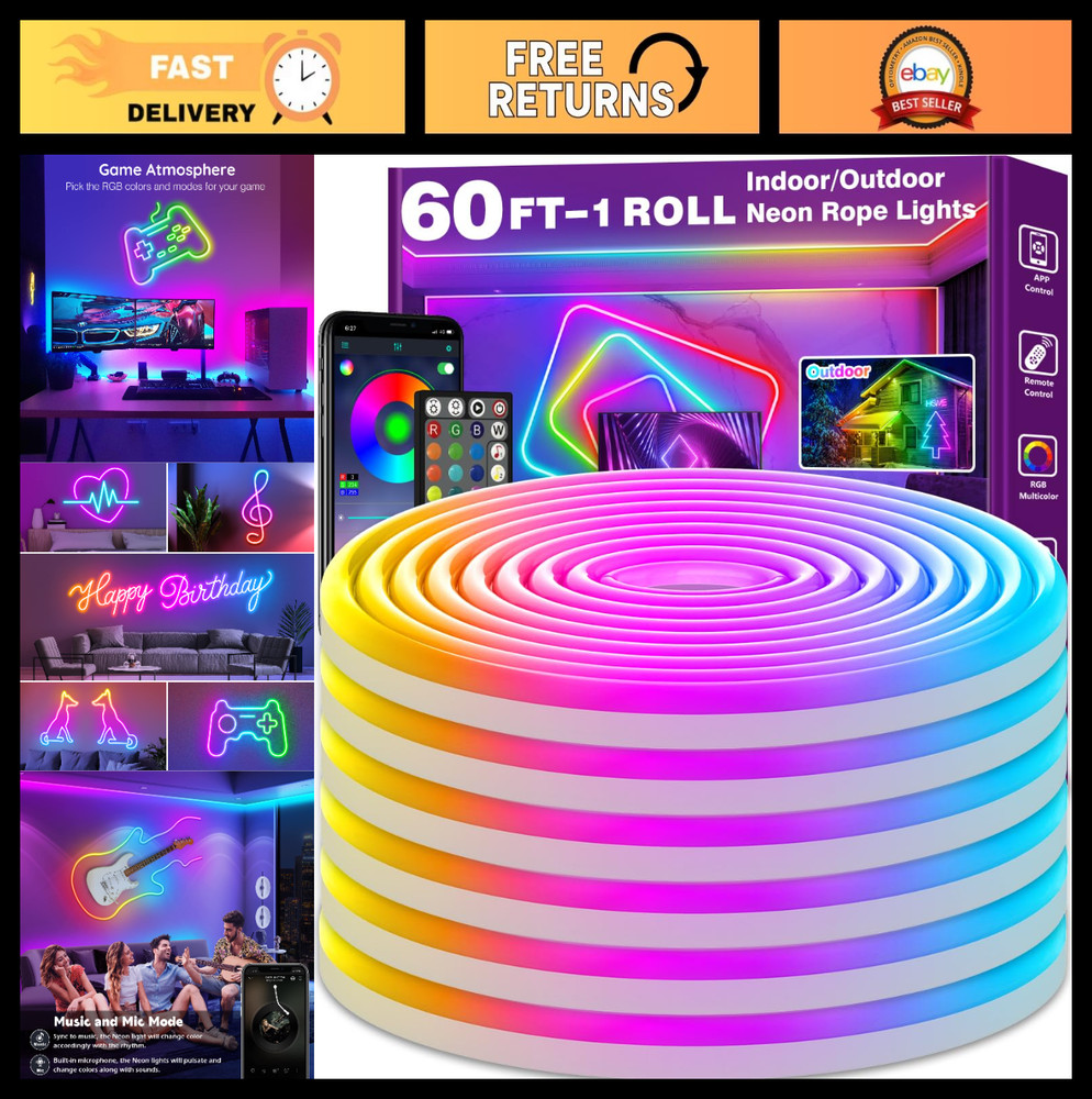 60FT LED Neon Rope Lights, App/Remote Control, Waterproof RGB, Music Sync, Flexi