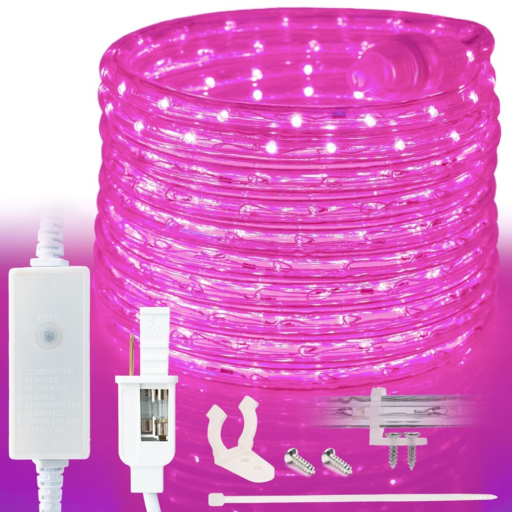 Pink 8-Mode LED Outdoor Waterproof Rope Light 10′ 25′ 50′ 100′ 150′ 300′ ft