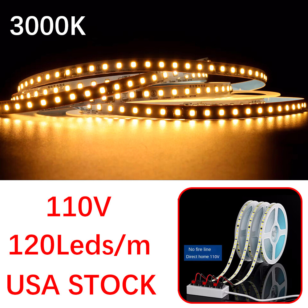 32.8ft 110V LED Light Strip 120leds/m Room Bar Xmas DIY Lighting No Need Driver