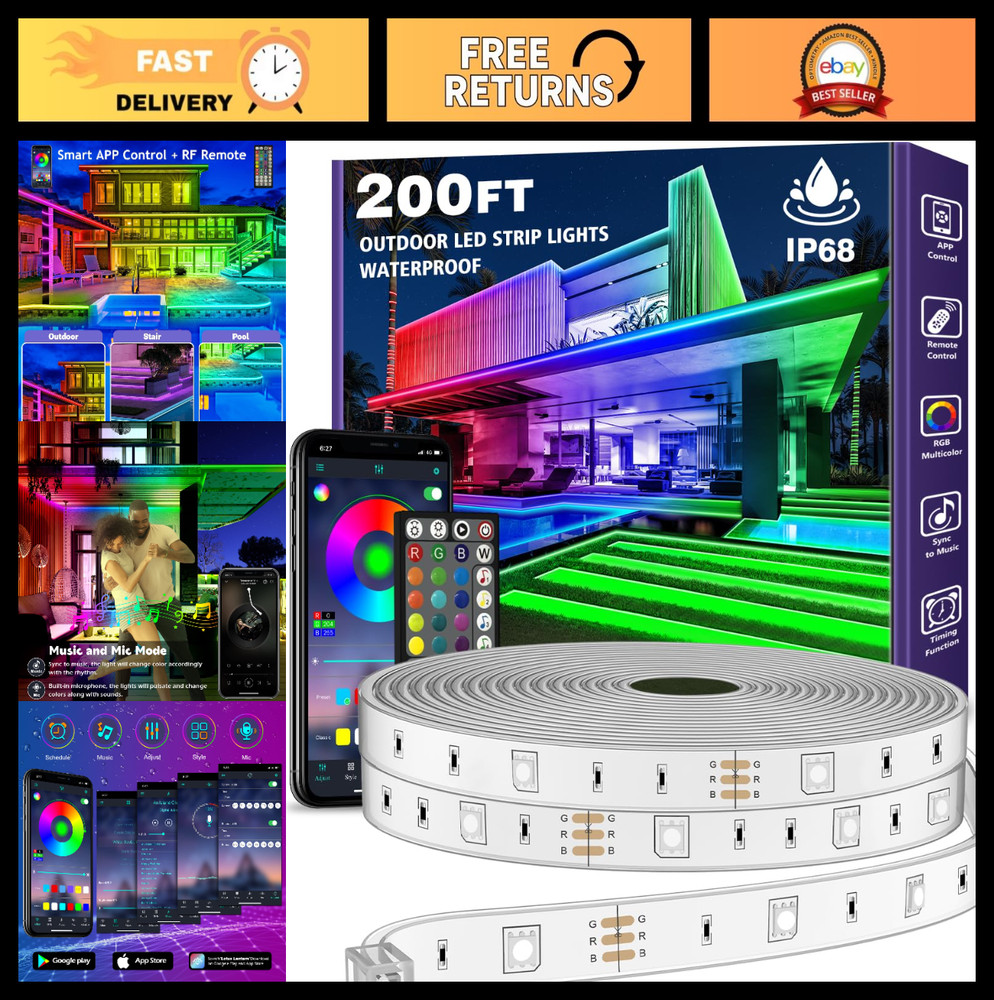200ft Waterproof LED Strip Lights – Bluetooth App, Music Sync RGB, Outdoor Use