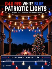 25Ft G40 LED Globe Lights Red White Blue Waterproof Patriotic String Lights 27 B