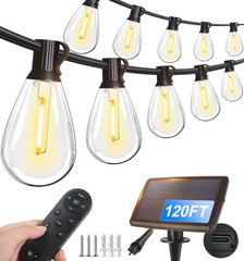 120FT Solar Outdoor String Lights with Remote and 32+2 LED Shatterproof Bulbs Di