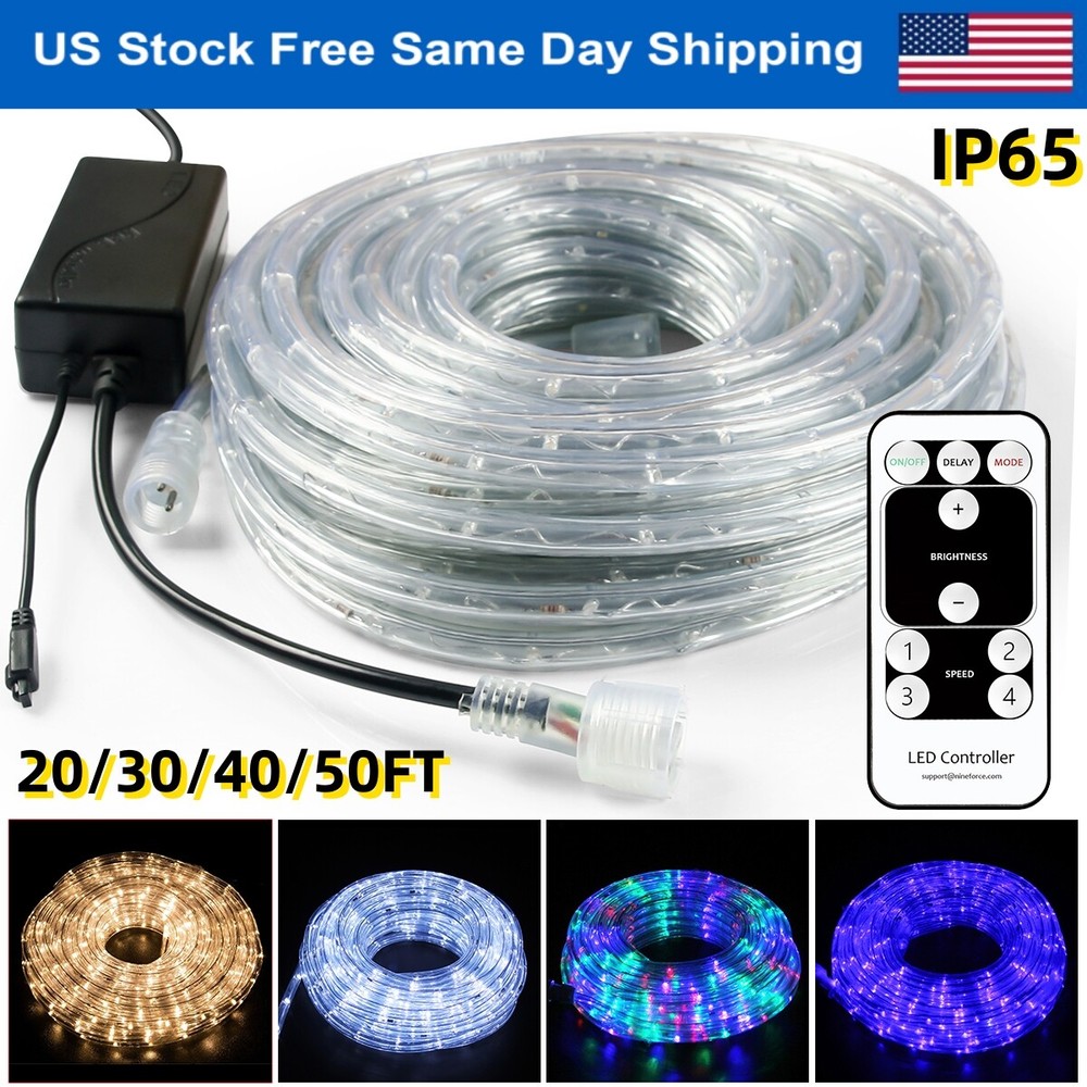 20-50′ Outdoor/Indoor LED Rope Light 4-Lighting Mode Lights Flexible with Remote