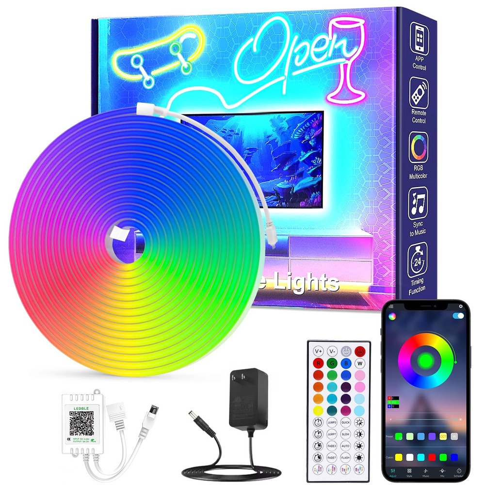 16.4FT Neon Rope Lights,RGB LED Strip Lights,App Control,IR Remote,Music Syncing