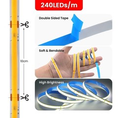 10/20/50/500m COB LED Strip 240LEDs/m No Need Driver 8mm PCB Width Flexible Tape