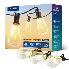 VIPAR Outdoor String Lights 25FT LED Patio IPX5 Waterproof 25FT, Black