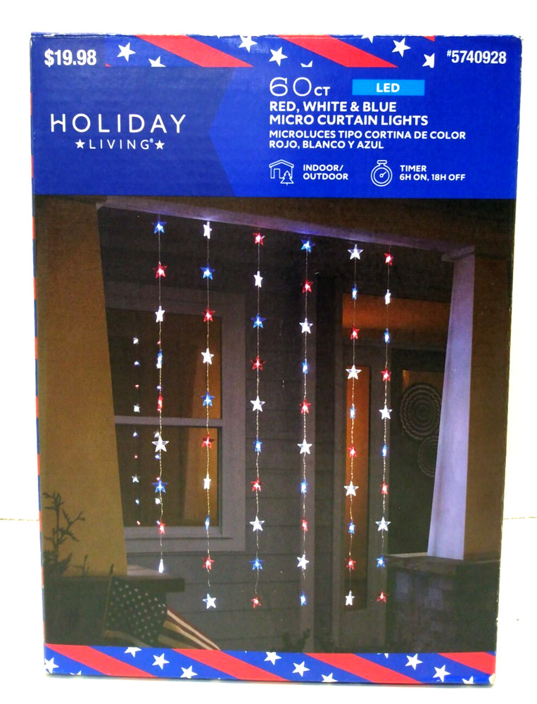 Holiday Living Red White blue Micro curtain LED Lights NIB 60 Ct 3.5’ x 5’ Timer