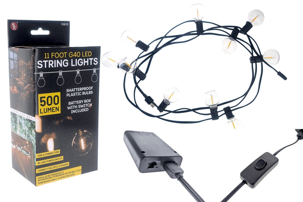 11 Foot/500 Lumen G40 LED String Lights,Shatterproof Plastic Bulbs, 4 AA