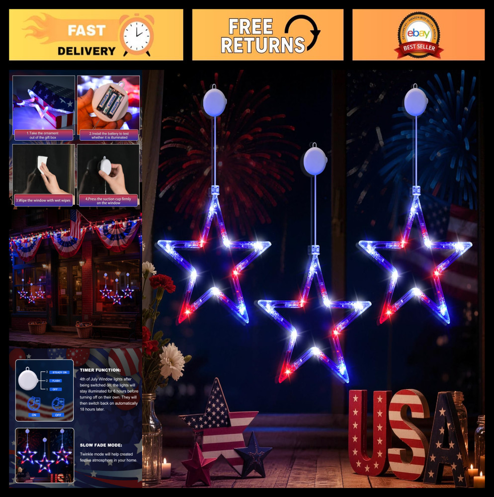 3 Pack Battery Operated 4th of July String Lights – Red White Blue Indoor Decor