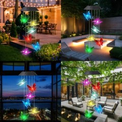 Solar LED Wind Chimes Hanging Lamp Colorful Butterfly Bird Sun Outdoor Garden