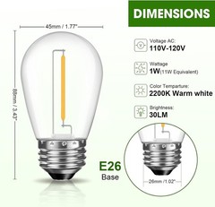 Energy Saving 1W S14 LED Bulbs, 15 Pack, Dimmable Warm Light for Outdoor Decor
