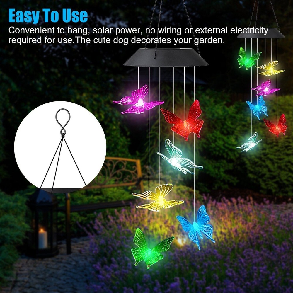 Solar LED Wind Chimes Hanging Lamp Colorful Butterfly Bird Sun Outdoor Garden