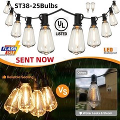 100FT Outdoor String Lights Patio Lights 2Pack-(50ft 25 Led) ST38 Shatterproof