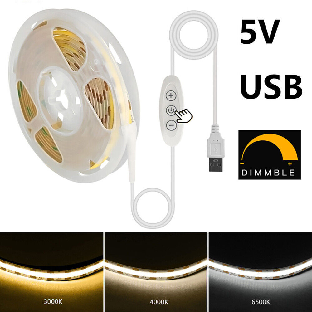 USB 5V COB LED Strip 8mm Cuttable Dimmable Tape Light Warm White For PC TV