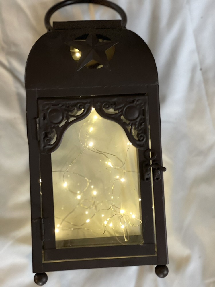 Brown Metal & Glass Star Solar Lantern String Led Lights 14×6” River’s Edge