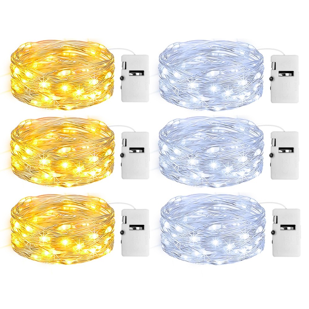 6 Pack Fairy Lights with Timer Battery 6 pack, Warm White+Cool White