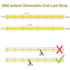 12V 24V COB CCT 2700K-6500K LED Strip 5M 600Leds/m Dimmable Flexible Tape Light