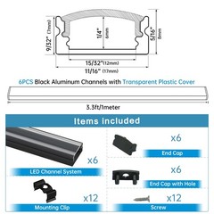 Muzata 6Pack 3.3FT/1M LED Channel 6Pack, Black with Transparent Cover